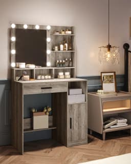 Hzuaneri Dressing Table with Mirror and 10 LED Lights, Vanity Unit with 3 Shelves & 4 Open Compartments, with Large Drawer