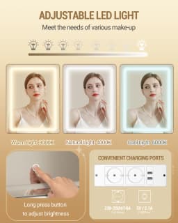 Dressing Table with LED Light, 2 AC Outlets and 2 USB, with 2 Drawers and 4 Open Compartments, for Bedroom, Living Room