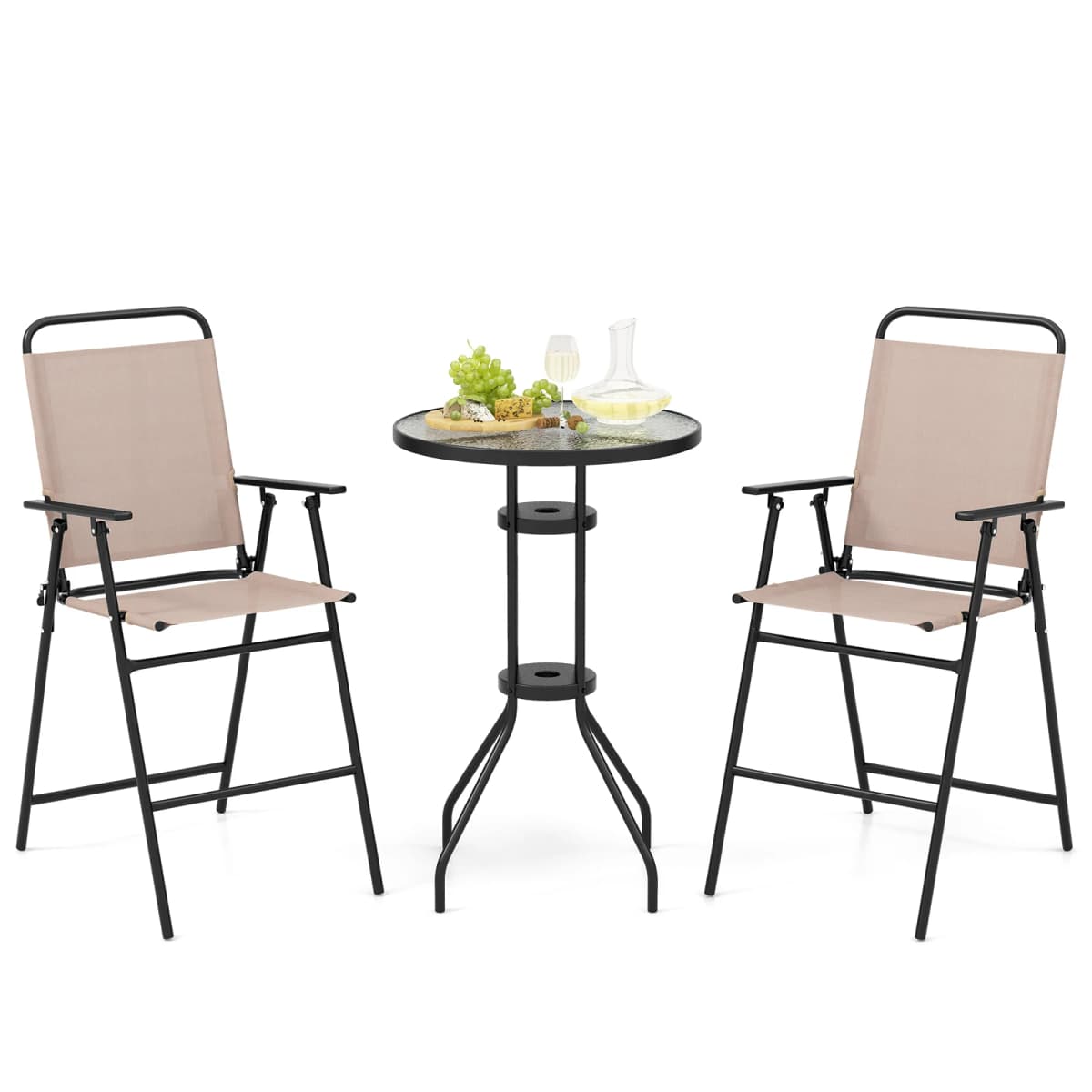 3 PCS Patio Bistro Set Folding Chairs Round Bar Table w/ 1.6" Umbrella Hole Yard