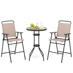 3 PCS Patio Bistro Set Folding Chairs Round Bar Table w/ 1.6" Umbrella Hole Yard