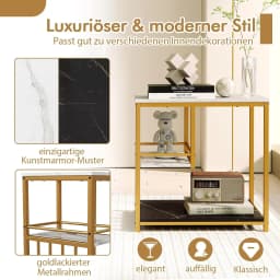 Side Table Marble Look, 3-Tier Bedside Table with Metal Frame, Modern, Living Room Table, Rectangular for Living Room, Bedroom