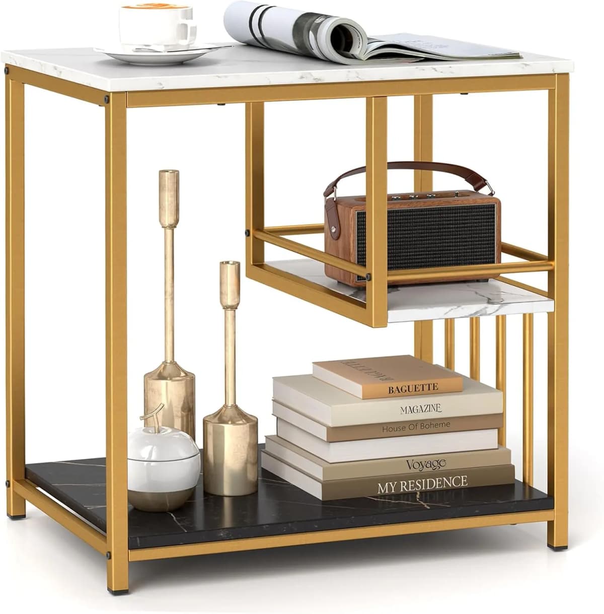 Side Table Marble Look, 3-Tier Bedside Table with Metal Frame, Modern, Living Room Table, Rectangular for Living Room, Bedroom