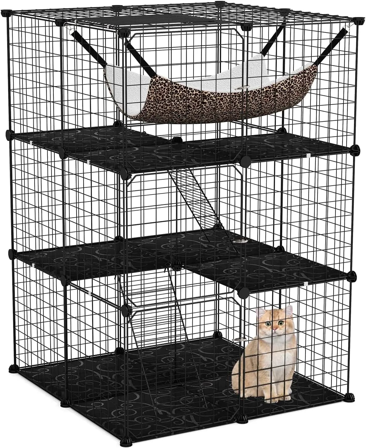 Cat Cage 3-Tier Large Cat Run with Hammock, 2 Ladders, 3 Doors & Skylights, Removable Kennel, Metal Wire Cage