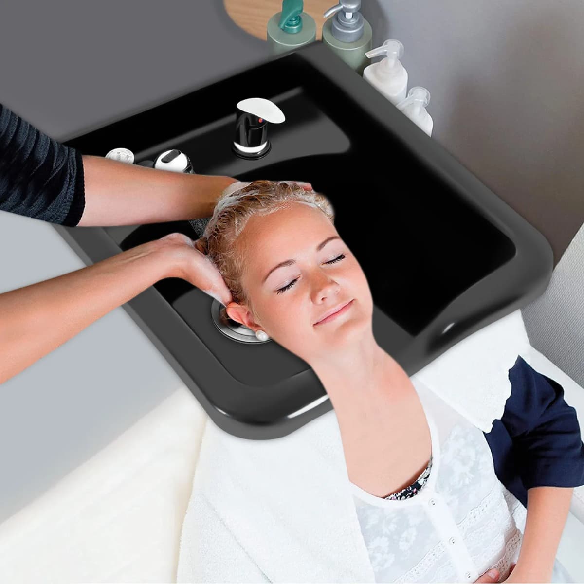 Comfortable Wall-mounted Shampoo Bowl with Hot & Cold Water Function,Durable ABS Material,Retractable Hose for Easy Hair Washing