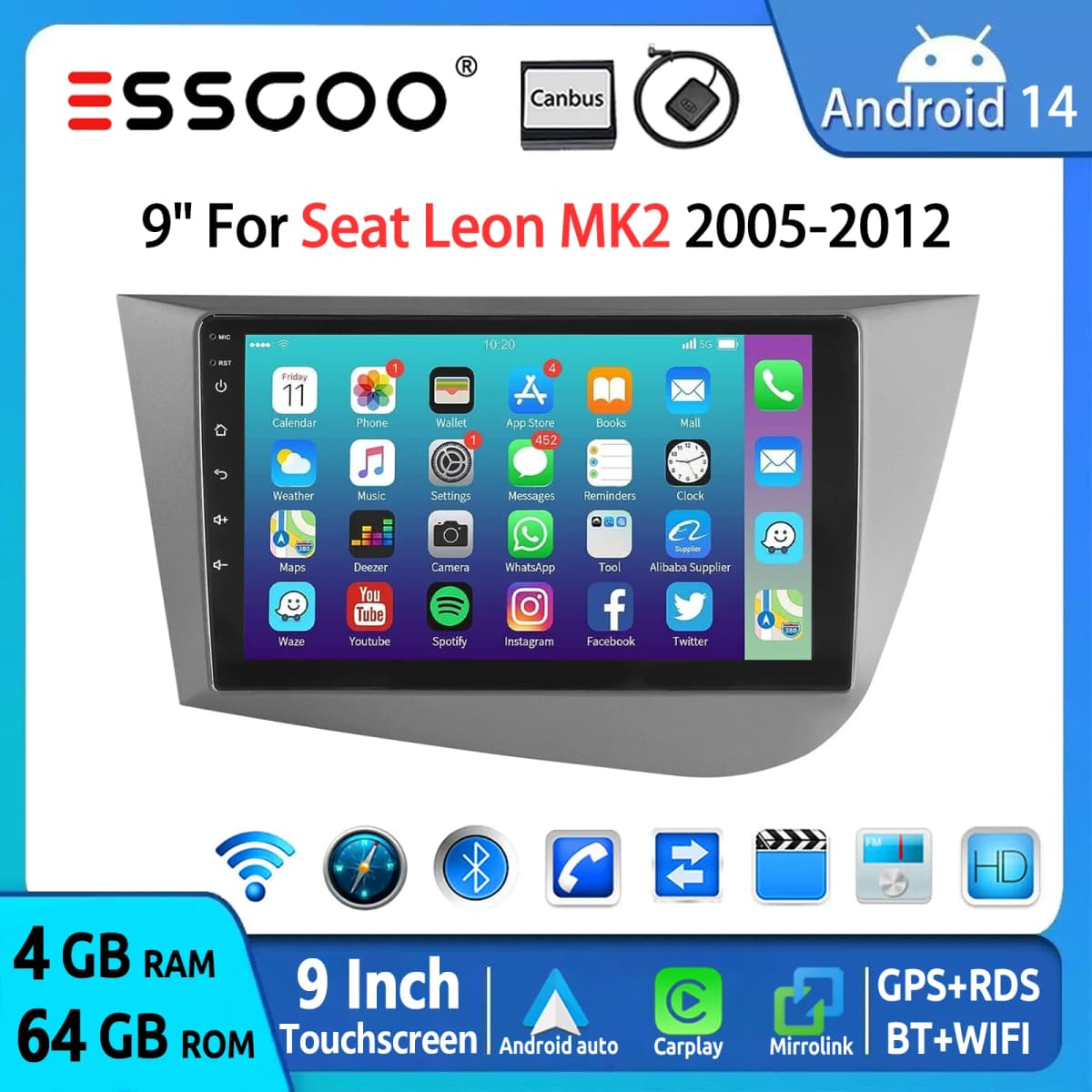 ESSGOO 9" 2DIN Android 14 Car Stereo Radio for Seat Leon MK2 1P1 05-12 Wireless Carplay Android Auto GPS Navi SWC FM BT WiFi RDS