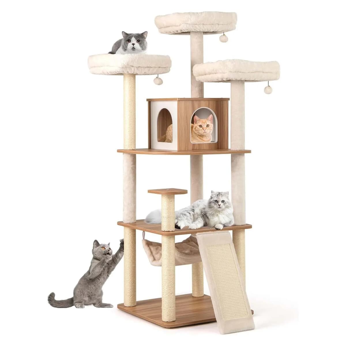 168 cm Wooden Scratching Post, Multi-Tier Cat Scratching Post, Large, Cat Tree with Cave, Ladder, Mats, Balls & Hammock