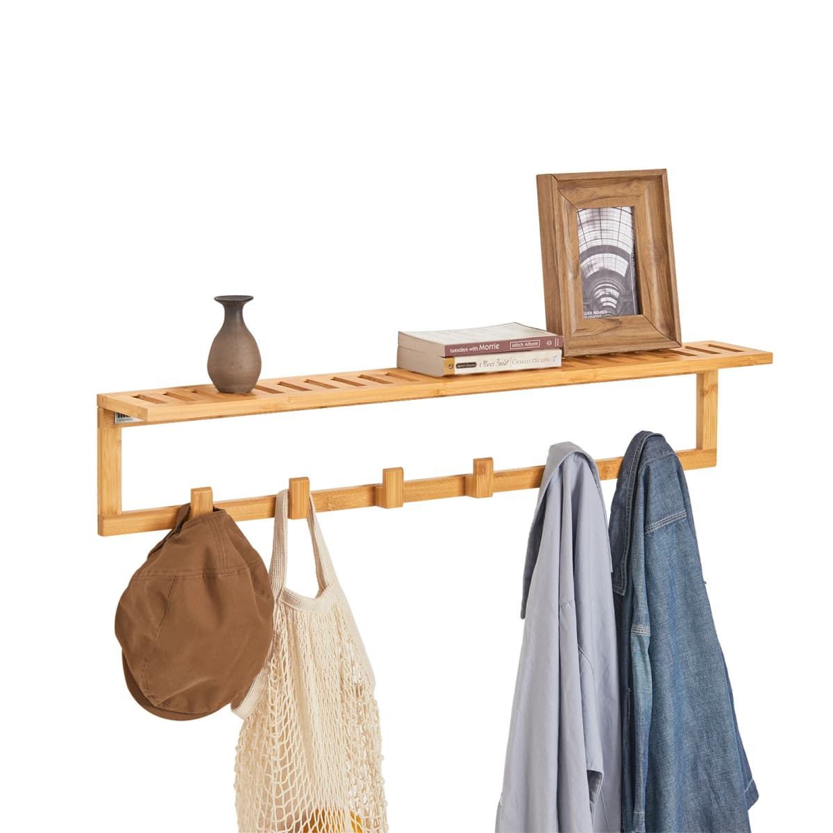 SoBuy®FHK06-N Hallway wardrobe bathroom shelf Wall wardrobe with 6 hooks and storage towel holder made of bamboo BHT approx: 90x16.5x12.5 cm