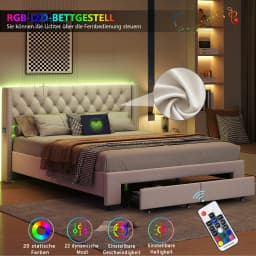 Rosahqnda double bed, upholstered bed with 2 storage drawers, headboard, backrest, storage beds, bed rack with wood rack