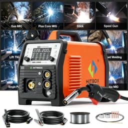 HITBOX MIG Welding Machine 220V 200 Amps 7 in 1 Stick ARC MMA Gasless/Gas MIG Lift TIG Spot Welder Support Spool Gun Single Pulse Aluminium Welder Large LED Digital Screen Inverter Welding Tool
