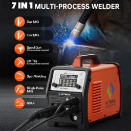 HITBOX MIG Welding Machine 220V 200 Amps 7 in 1 Stick ARC MMA Gasless/Gas MIG Lift TIG Spot Welder Support Spool Gun Single Pulse Aluminium Welder Large LED Digital Screen Inverter Welding Tool