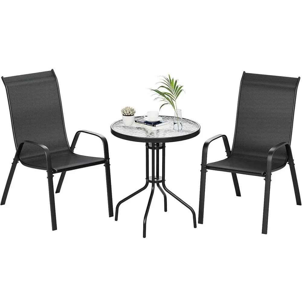 3 Pieces Patio Furniture Set Outdoor Stackable High-back Chairs and Glass Coffee Table for Lawn, Garden, Balcony, Poolside