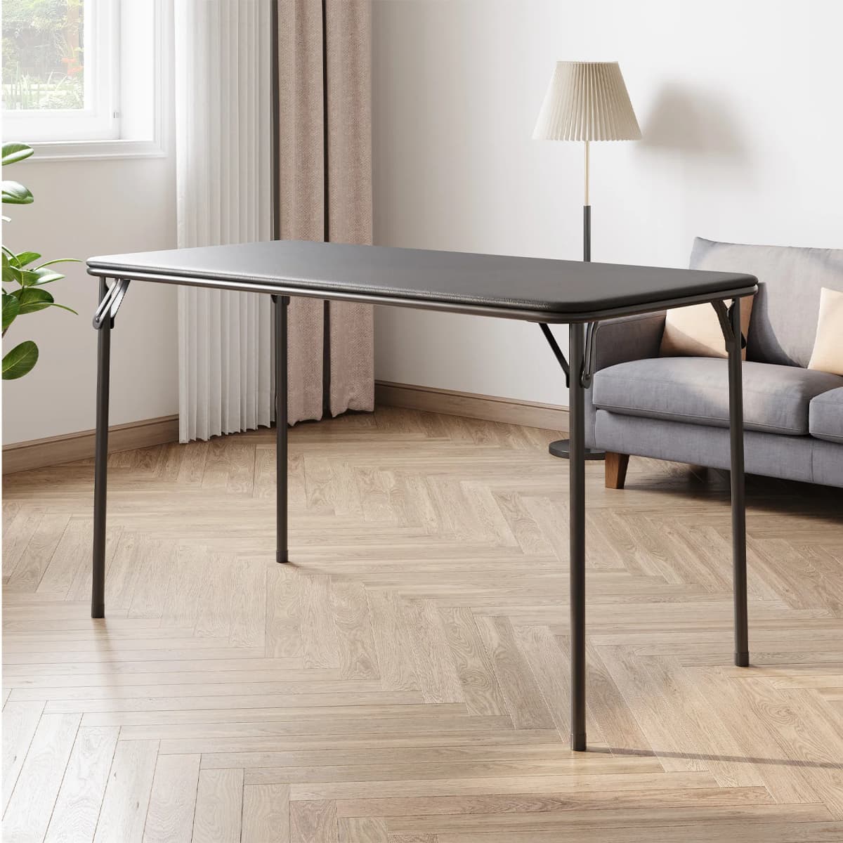 Portable Folding Card Rectangle Table with Sturdy Metal Frame, PU Leather Upholstered Tabletop for Dining Room Outdoor Camping