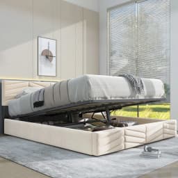 Upholstered Bed 140*200 with Lattice + Headboard, Height Adjustable Headboard Large Storage Space, for Adults Teenagers Bedroom