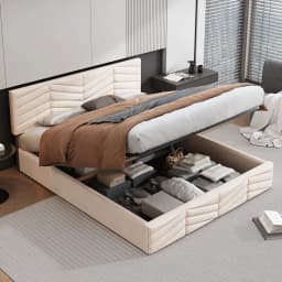 Upholstered Bed 140*200 with Lattice + Headboard, Height Adjustable Headboard Large Storage Space, for Adults Teenagers Bedroom