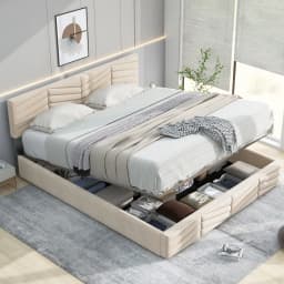 Upholstered Bed 140*200 with Lattice + Headboard, Height Adjustable Headboard Large Storage Space, for Adults Teenagers Bedroom