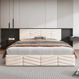 Upholstered Bed 140*200 with Lattice + Headboard, Height Adjustable Headboard Large Storage Space, for Adults Teenagers Bedroom