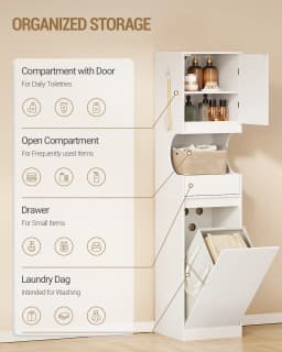 Bathroom Cabinet with Laundry Basket, Tall Bathroom Cabinet, Laundry Bag, with Foldable Laundry Basket, Door and Drawer