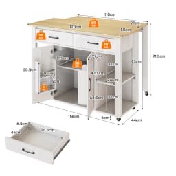 120cm Modern Extendable Kitchen Island with Bar Counter 2 Drawers 2 Cabinet Doors Mobile Kitchen Cart with Sockets
