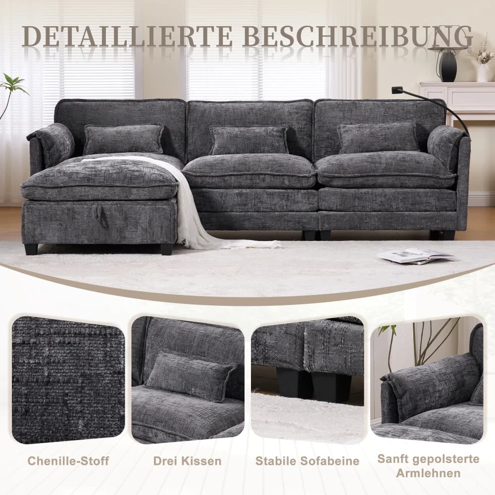 Modern 2-Seater Chenille Sofa Memory Foam Filling with USB Charging Port Side Pocket Phone Holder Modular Stools Living Room