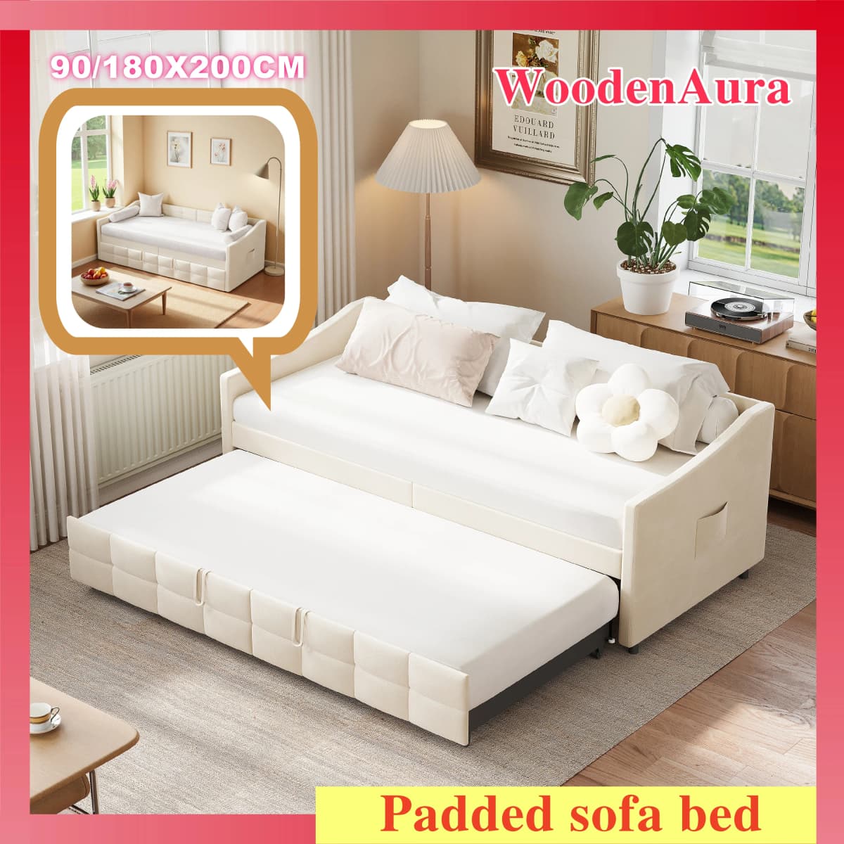 Sofa bed with pull-out bed, daybed, pull-out bed, upholstered bed, sofa bed with pull-out bed, 90/180 x 200 cm, cream white