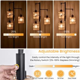 Boho Standing Lamp Dimmable 3-Bulb LED Rustic Tall Boho Lamp, Rattan Lampshade for Bedroom, Dining Room, Living Room, Office