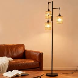 Boho Standing Lamp Dimmable 3-Bulb LED Rustic Tall Boho Lamp, Rattan Lampshade for Bedroom, Dining Room, Living Room, Office