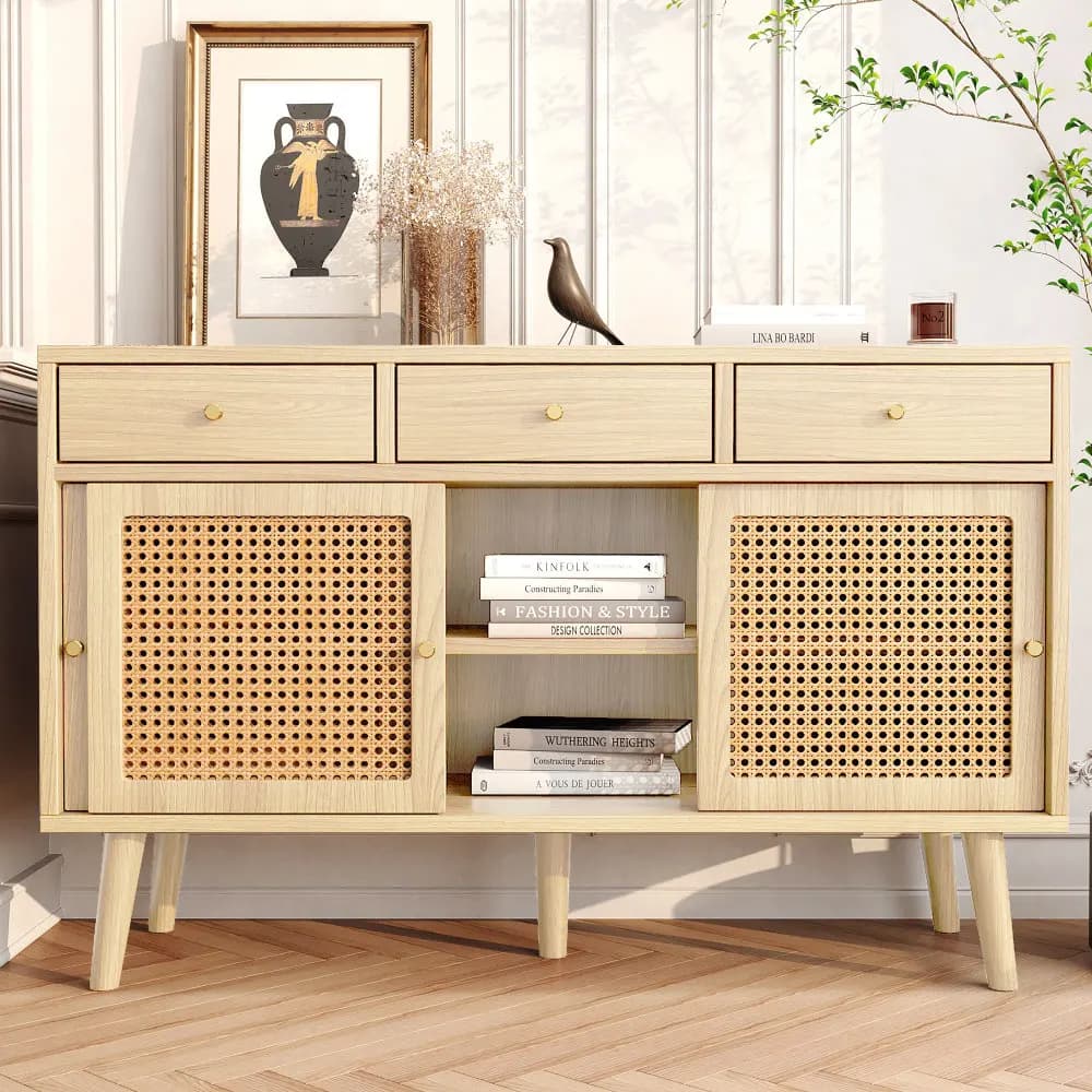 Oak Chest of Drawers with Rattan Doors 3 Drawers 3 Sliding Doors Golden Handles Adjustable Shelves Premium Quality