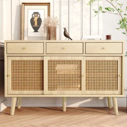 Oak Chest of Drawers with Rattan Doors 3 Drawers 3 Sliding Doors Golden Handles Adjustable Shelves Premium Quality