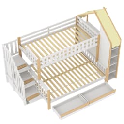 Bunk Bed 90x200cm +140x200cm with Bed Grid Storage Guide House Rail & 2 Drawers-Irregular Fence Design ( Without Mattress )