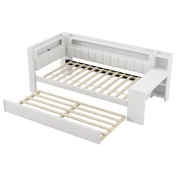 Upholstered Daybed with Pull-Out Bed & Desk Multifunctional Sofa Bed with USB Ports and LED Light Strip Without Mattress