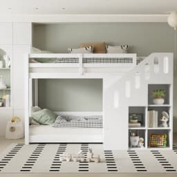 90*200cm Children's Bunk Bed, Double Bed, Multifunctional Cot, with Stairs and Lockers, Stable Railing, Without Mattress, White