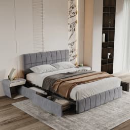 Superaly 160x200cm Upholstered Bed, Double Bed with 4 Drawers, Storage Bed with Headboard, Velvet, Grey