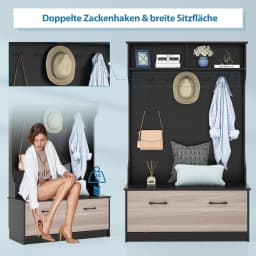Coat rack with Bench & 5 double hooks, wardrobe with open compartments & shoe cabinet, hallway wardrobe for entrance