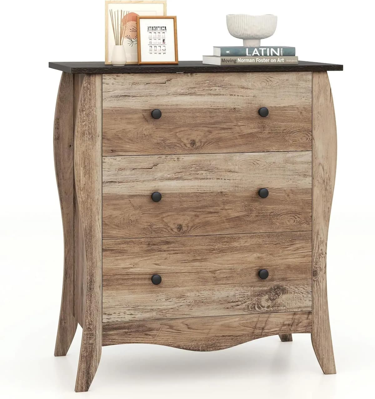 Chest of Drawers with 3 Drawers, Country House Style Sideboard with Folding Fabric Drawers, Wooden Storage Cabinet