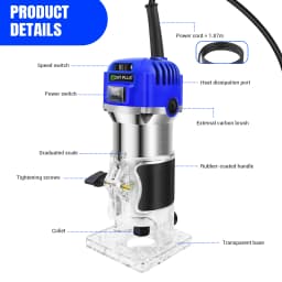 800W Electric Wood Hand Trimmer Laminator, , 4000-30000 RPM, 6 Variable Speed, 15PCS 1/4" Router Bits Set, Transparent Base