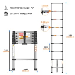 2.6M Foldable Ladders Telescopic Stainless steel Extendable Extension 9 Steps150kg Max. Capacity EN131 Portable for household
