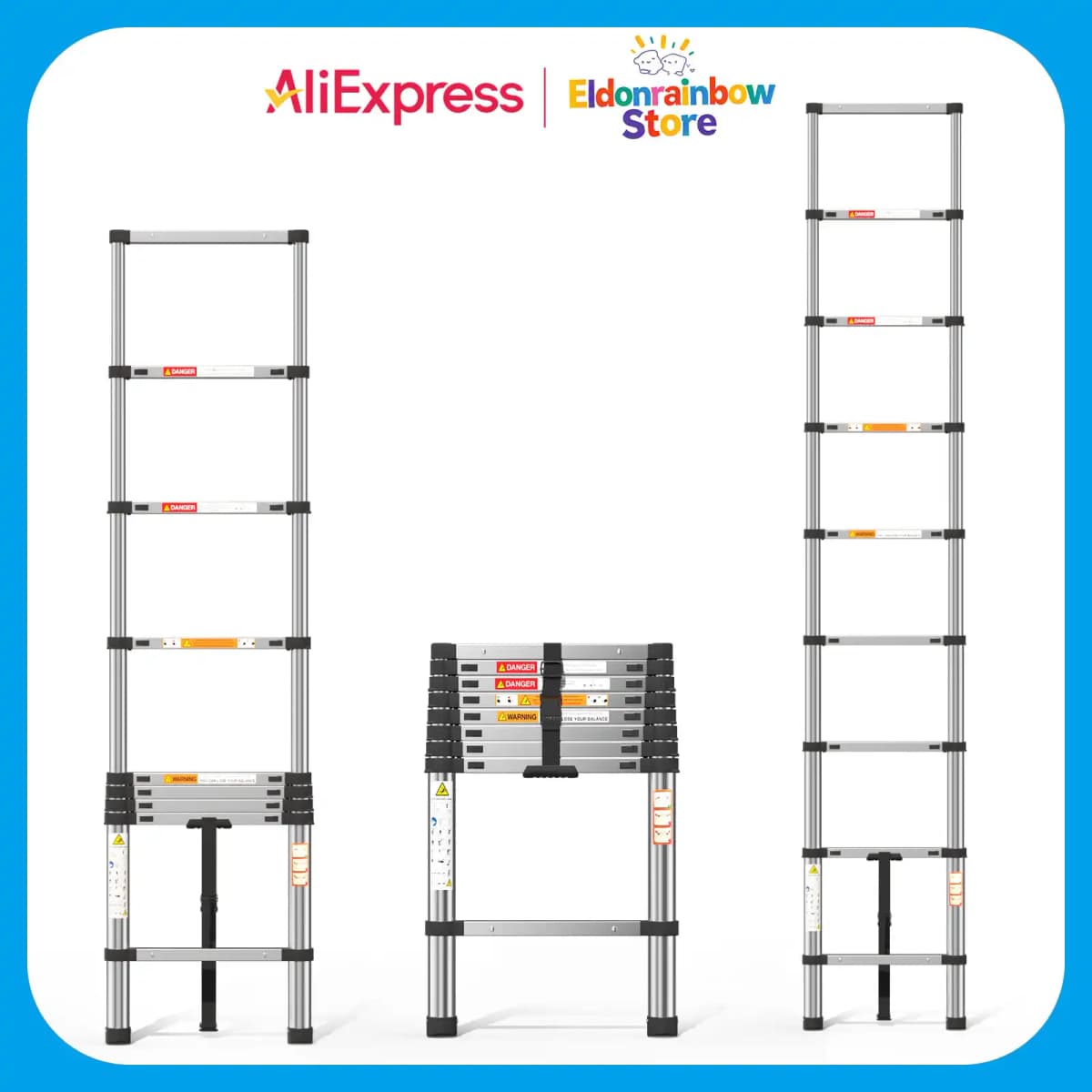 2.6M Foldable Ladders Telescopic Stainless steel Extendable Extension 9 Steps150kg Max. Capacity EN131 Portable for household