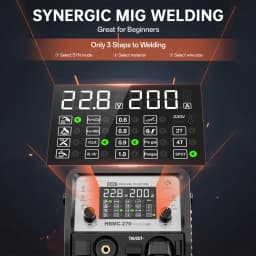 HITBOX HBMC270 Aluminium MIG Welder With Synergistic Control 6 in 1 Stick MMA ARC HF TIG CUT Gas/Gasless MIG Spot Welding for Aluminum Stainless Steel Cutter Large LED Display IGBT Inverter Great for Beginners