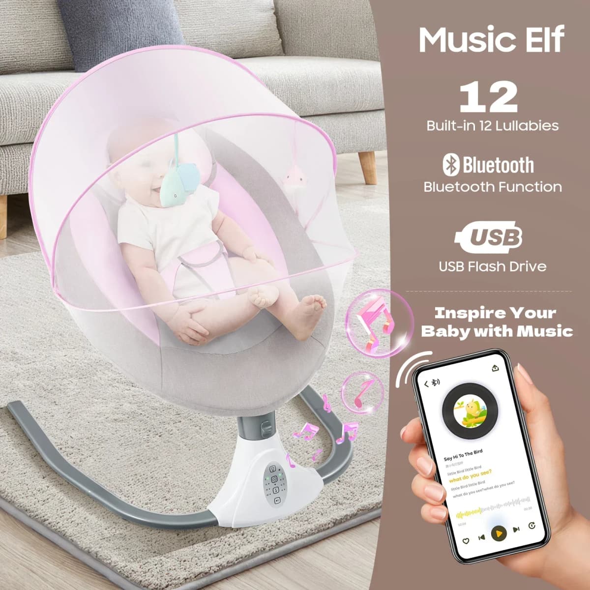 Electric Baby Swing with Music for Children Up To 18 Kg, Featuring Remote Control and Bluetooth Connectivity, Four Swing Speeds