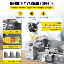 SucceBuy Metal Lathe 220 x 600MM 750W Infinitely Variable Speed Mini Lathe Machine LED Screen for Counter Face Turning Driling