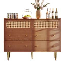 Rattan Sideboard Highboard Walnut Tree H90/B120/T40 cm Chest of Drawers with 6 Drawers Wooden Furniture for Bedroom Living Room