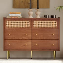 Rattan Sideboard Highboard Walnut Tree H90/B120/T40 cm Chest of Drawers with 6 Drawers Wooden Furniture for Bedroom Living Room