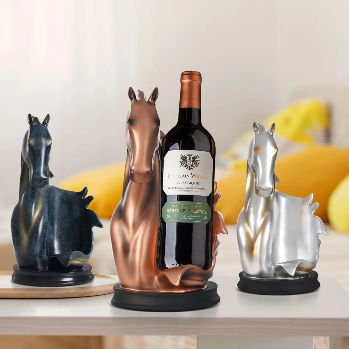 Freestanding Wine Rack Horse Head Wine Bottle Holder, Resin Tabletop Decorative Display Stand for Bar Home Single Bottle Storage