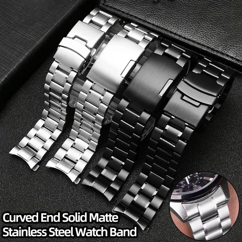 Curved End Solid Matte Stainless Steel Watch Band For Seiko Citizen Casio Timex 20mm 22mm Black Metal Strap Watch Accessories
