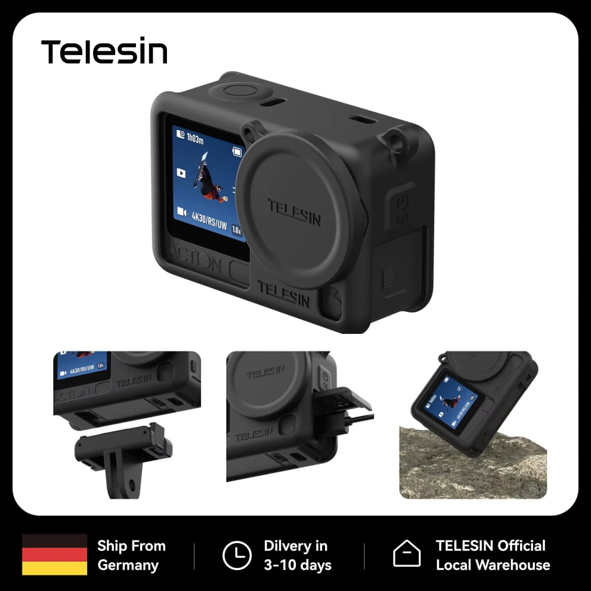 TELESIN Silicone Protective Case for DJI Osmo Action 6 with Lens Cap Lanyard Shockproof Camera Protection Action 6 Accessories