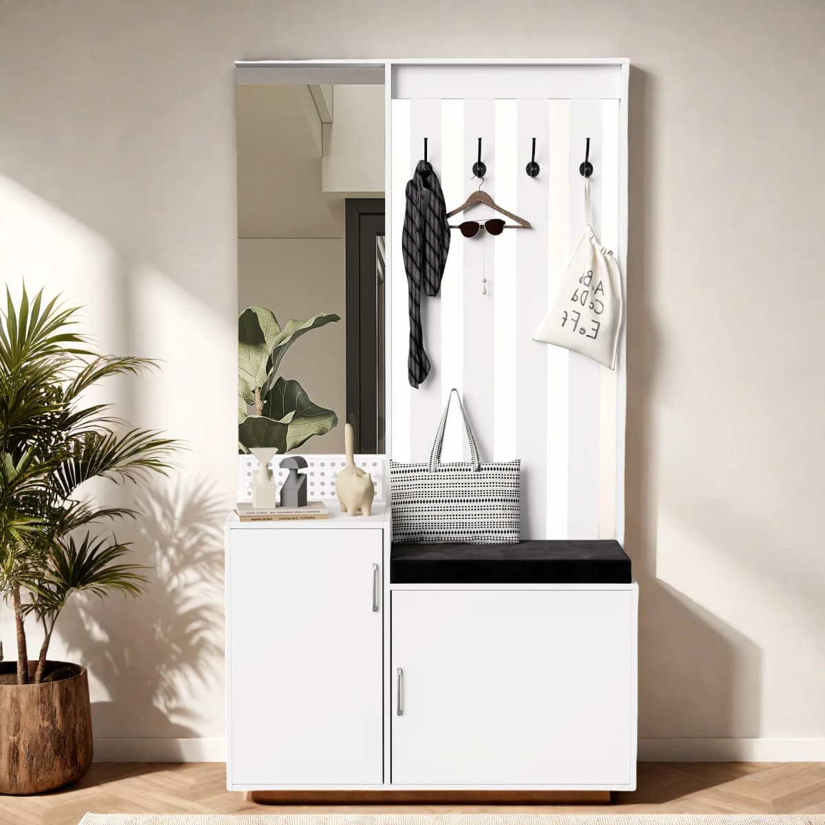 Anajqaqia Entryway Shoe Cabinet Combination, Featuring A Mirror, Drawers, Hooks, and A Removable Cushion, in White.