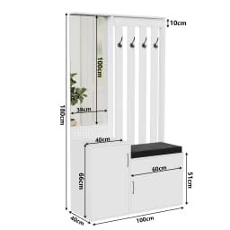 Anajqaqia Entryway Shoe Cabinet Combination, Featuring A Mirror, Drawers, Hooks, and A Removable Cushion, in White.