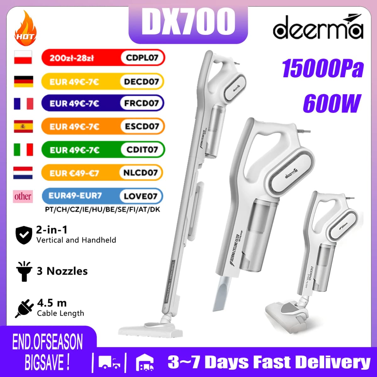 Deerma DX700 2-in-1 Upright & Handheld Vacuum Cleaner 600W 15KPa Suction for Pet Hair Car Home with HEPA Filter 3 Brush Heads