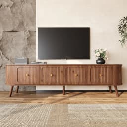 Walnut Wood TV Stand with 4 Cabinet Doors Golden Handles Wooden Legs and TV Panel Unique Design