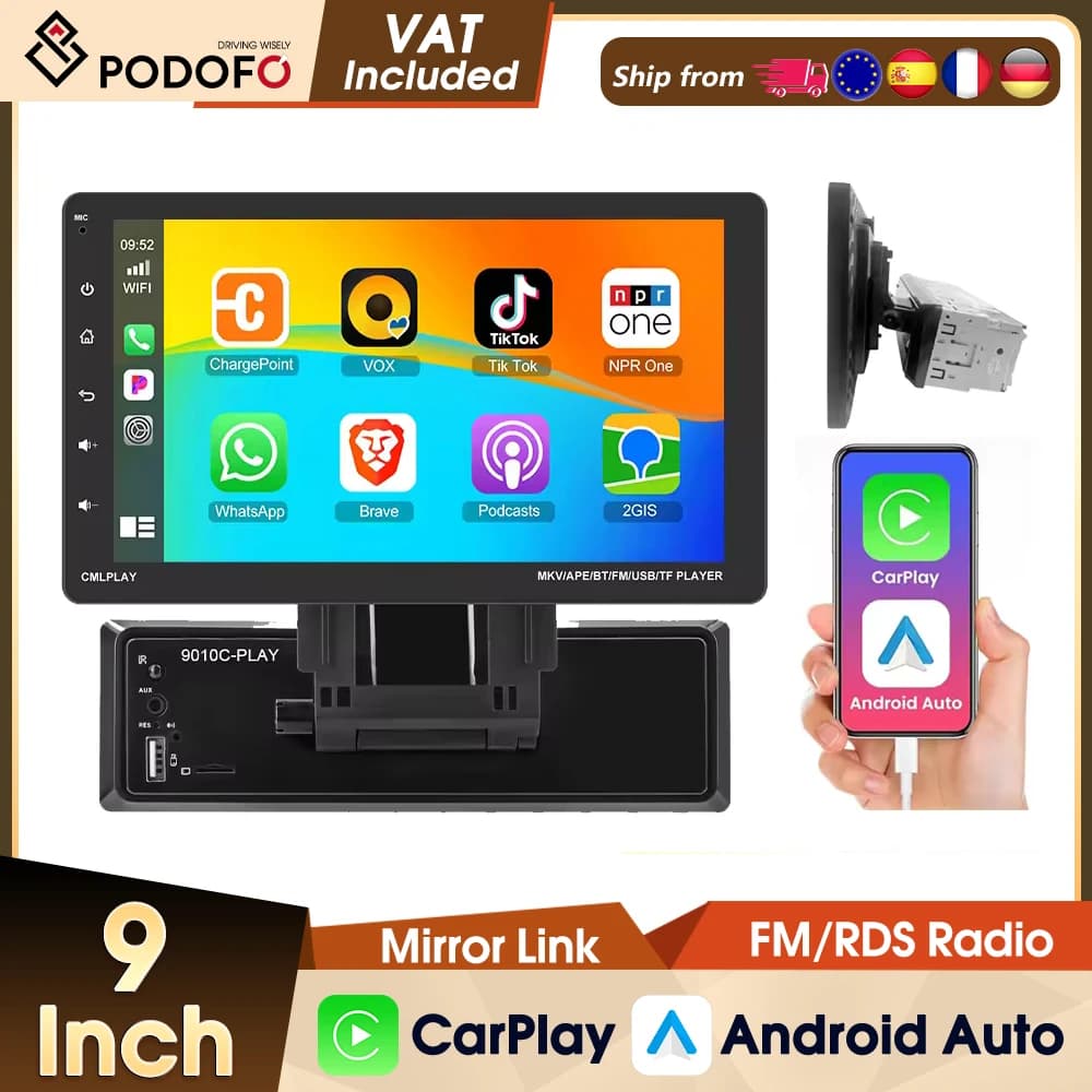 Podofo 9'' 1DIN Carplay Car Radio Android Auto D-Play Mirror Link BT FM Radio Receiver Support TF/USB Steering Wheel Control